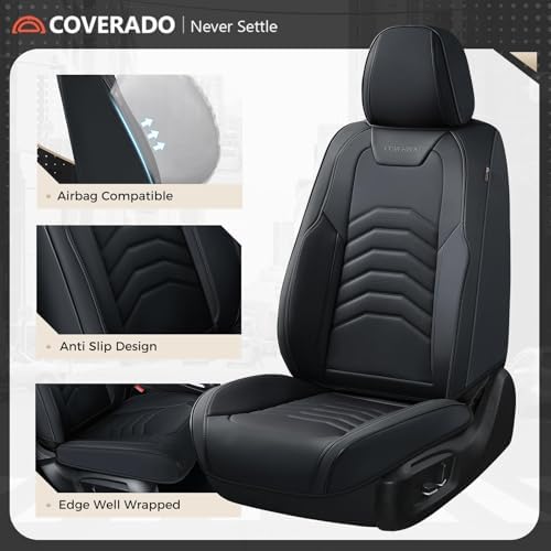 Coverado Car Seat Covers, 5 Seats Black Seat Covers for Cars, Front and Back Seat Cover for Cars Luxury Faux Leather Waterproof Seat Covers Car Seat Protector Universal Fit for Most Cars Trucks SUV - Image 2