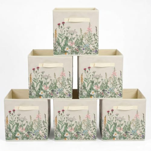 6 Pcs Wild Floral Cube Storage Bins 12.5 Inch Flower Storage Basket with Handle, Beige Collapsible Fabric Box for Classroom Bedrooms Office Home Decoration by BBSET