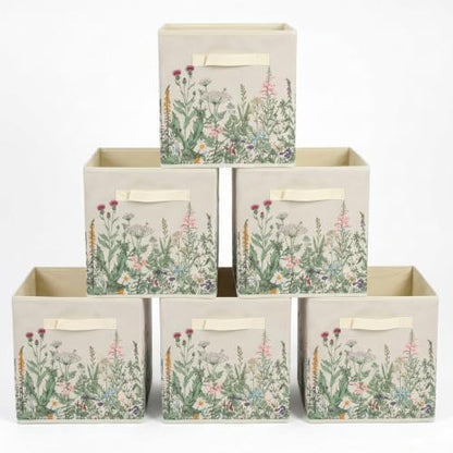 6 Pcs Wild Floral Cube Storage Bins 12.5 Inch Flower Storage Basket with Handle, Beige Collapsible Fabric Box for Classroom Bedrooms Office Home Decoration by BBSET