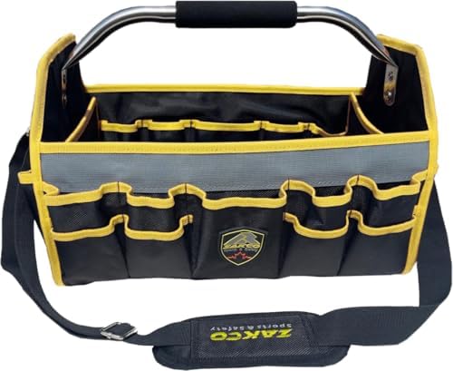 16" Open Top Tool Tote, 1680D Durable Tool Organizer for Plumber, Electrician, HVAC Technicians. Trade Professionals Tool Bag, Tool Bag with Detachable Strap (Yellow with SS Handle, 16 Inches) by ZAKCO