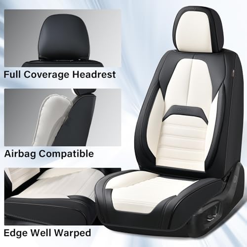 Coverado Waterproof Nappa Leather Car Seat Covers, Automotive Seat Covers，Front Car Seat Cushion & Car Seat Protector, Seat Covers Universal Fit for Most Cars, SUVs,Trucks,Black&White - Image 3