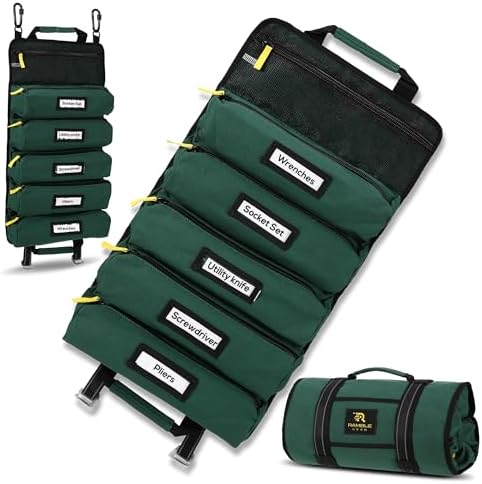 Roll Up Tool Bag Organizer – Heavy Duty Canvas Tool Roll Bag, Tool Roll Up with 5 Oversized Labeled Pockets & Carabiners, Portable Roll Up Tool Organizer for Mechanic, Truck & Car (Green) by Unknown