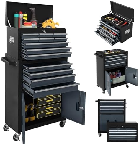 13-Drawer Rolling Tool Chest with Double Door Handle, 2-in-1 Detachable Metal Storage Cabinet with Wheels and Lock, Large Capacity Tool Box for Garage, Gift for Men Husband Fathers(Black&Gray) by Sonlmik