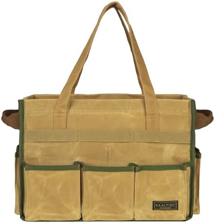 Canvas Tool Bag, 16OZ Waxed Canvas Tool Tote Bag with Metal Zipper & 12-Pocket Design, Multi-Purpose Garden Tool Storage Tote for Electrician Gardener Plumber | Khaki | 14.5"L x 7.5"W x 10"H by Kaaltisy