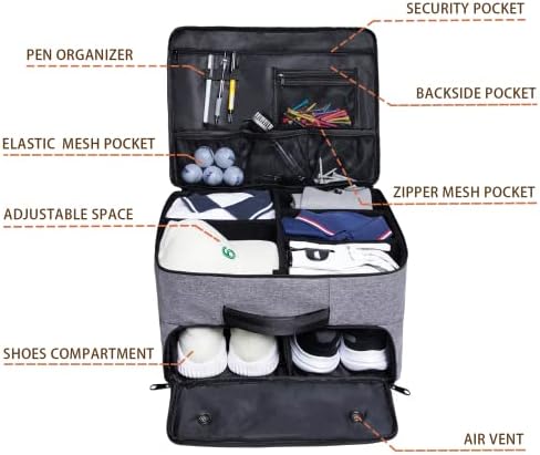 Golf Trunk Organizer 2 Layer, Car Golf Organizer with Ventilated Compartment for 2 Pair Shoes, Golf Trunk Storage Locker for Golf Accessories, Balls, Tees, Clothes, Gloves, Golf Gifts for Men - Image 4