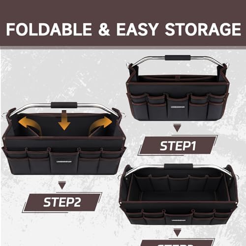 22 In Tool Carrier, Open Top Tool Tote 30 Pockets, Waterproof Tool Bag For Men, Foldable Wide Mouth Electricians Tool Bag, With Stainless Steel Handle and Removable Shoulder Strap - Image 5