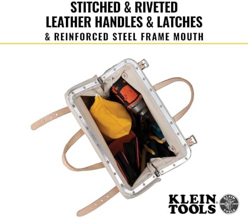 Klein Tools 5102-14 Heavy Duty Natural Canvas Tool Bag, Tool Tote, Multi-Purpose Bag with Wide Hinged Opening and Leather Handles, 14-Inch - Image 5