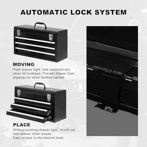 3 Drawer 20“ Metal Tool Box Portable Steel Tool Chest with Metal Latch Closure for Garage, Home and Workbench,Black - Image 5
