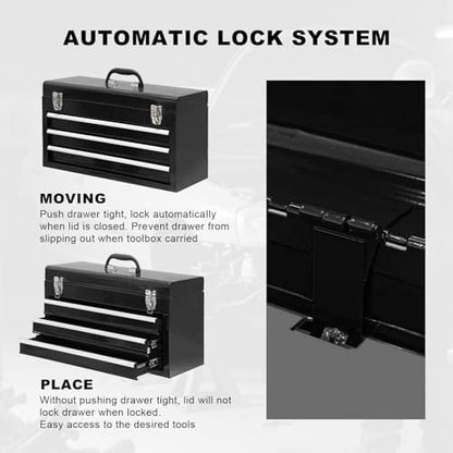 3 Drawer 20“ Metal Tool Box Portable Steel Tool Chest with Metal Latch Closure for Garage, Home and Workbench,Black - Image 5