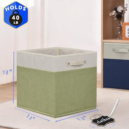 13x13x13 Inch Large Foldable Fabric Linen Cube Storage Bins【4-pack】, with Cotton Handles Closet Bins for Cabinet Shelves Home Organization and Storage bins(White&green) - Image 2