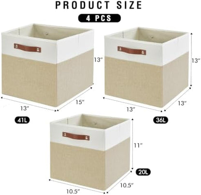 Bagnizer 13x15x13 Storage Cube Bins, Foldable Storage Organizer Baskets, Fabric Cube Storage Boxes with 2 Reinforced PU Handles for Kallax, Shelves, Living Room | 4 Pack, Beige & White - Image 4