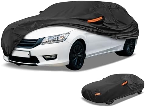 Universal Car Cover Waterproof All Weather 210D-PU, UV Sun Rain Protection, Fits for Sedan Length 178"-186", with Left Side Zipper, Black by ParttoU