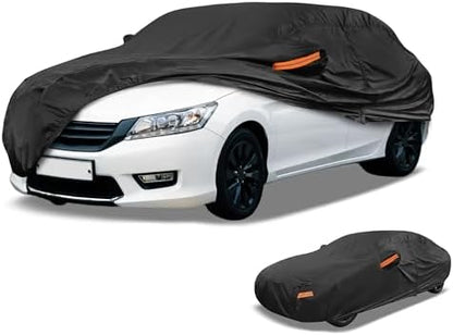 Universal Car Cover Waterproof All Weather 210D-PU, UV Sun Rain Protection, Fits for Sedan Length 178"-186", with Left Side Zipper, Black by ParttoU