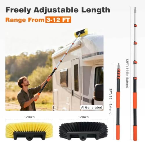 12FT Car Wash Brush with Long Handle, Car Cleaning Brush with 12" Soft Bristle and 12" Hard Bristle, 3-12Ft Telescopic Pole for Scratch-Free Cleaning Truck,RV, Boats,House Siding,Floors,Solar Panels - Image 2