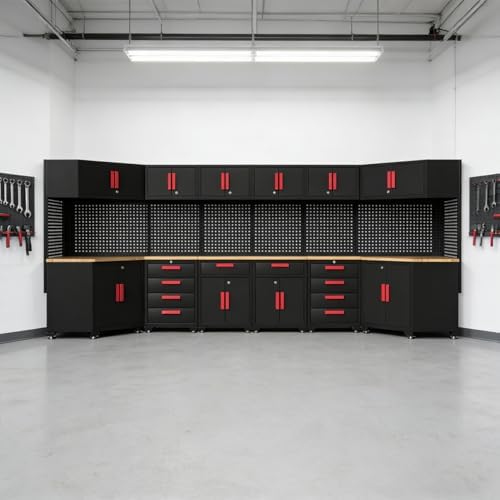 2Pcs Corner Garage Storage Cabinet System,Steel Cabinet,Red Handle - Image 6