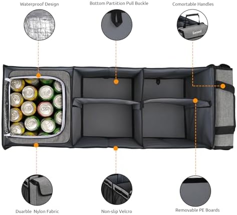 Collapsible Trunk Organizer with Insulated Leakproof Cooler Bag,Removable Lid,Adjustable Securing Straps,3 Compartments Trunk Organizer for SUV,Truck,Sedan(Light Grey) - Image 3