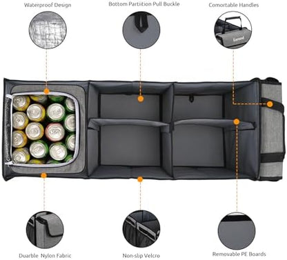 Collapsible Trunk Organizer with Insulated Leakproof Cooler Bag,Removable Lid,Adjustable Securing Straps,3 Compartments Trunk Organizer for SUV,Truck,Sedan(Light Grey) - Image 3