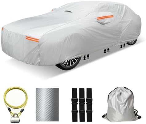 30 Layers Car Cover for Automobiles All Weather Waterproof, Outdoor Snowproof UV Protection Windproof, Door Zipper, Soft Cotton, Heavy Duty Universal Car Covers, (Silver, Fit Sedans 181"-190") by OWEEIO