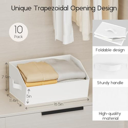 Homsorout Large Closet Organizers and Storage Bins - 10 Pack Trapezoid Storage Baskets for Shelves, Foldable Fabric Baskets with Handles Ideal for Closet, Basket, Wardrobe and Shelf Storage, White - Image 2