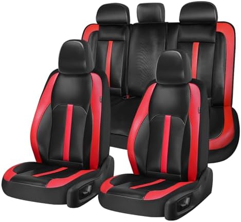 Coverado Leather Car Seat Covers Full Set & Carbon Fiber, Waterproof and Durable All Weather Protector, Universal Fit for SUV, Pickup Truck, Sedan, Automotive Vehicle Interior, Black&Red by COVERADOAUTO