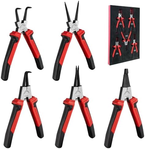 HAUTMEC 5-Piece Snap Ring Pliers Set, 7" Internal/External Circlip Pliers with Straight, 90° Bent & Flag Tip Lock Ring Pliers, Forged CRV Steel, for Automotive & Machinery by HAUTMEC