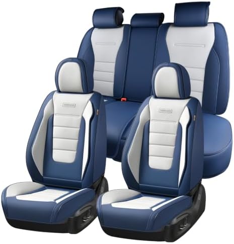 Coverado Car Seat Covers Full Set, Nappa Leather Seat Covers for Cars, Car Seat Protector Car Seat Cushion, Front and Back Seat Protectors Cushions Universal Fit for Most Cars Vehicles(Blue&White) by COVERADOAUTO
