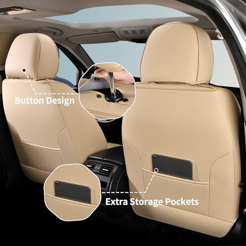 FLORICH Universal Seat Covers Full Set, 5 Seats Leather Seat Covers for Cars, Waterproof & Breathable Nappa Leather Car Seat Protector Fit for Most Cars - Beige - Image 4