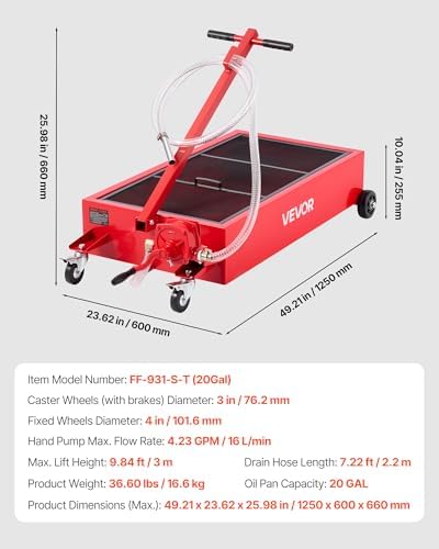 VEVOR Low Profile Oil Drain Pan, 20 Gallon Capacity, Rolling Oil Drain Pan with Manual Pump, 7.2 ft Hose & T Folding Handle, Leak-Proof & Corrosion-Resistant, Fit for Cars, SUVs, Trucks, ATVs, Red - Image 7