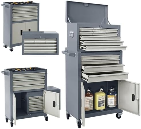 13-Drawer Double Doors Handle Rolling Tool Chest, 2 in 1 Detachable Rolling Tool Chests, Large Tool Boxes with Lock, Metal Standing Tool Cabinet for Garage Workshop(Gray) by TOKUWA