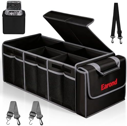 Collapsible Trunk Organizer with Insulated Leakproof Cooler Bag,Removable Lid,Adjustable Securing Straps,3 Compartments Trunk Organizer for SUV,Truck,Sedan(Grey & Black) by EarondLabProducts