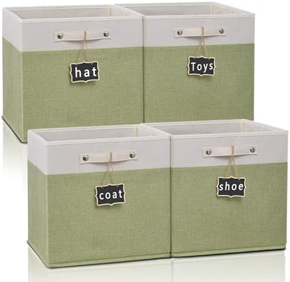 13x13x13 Inch Large Foldable Fabric Linen Cube Storage Bins【4-pack】, with Cotton Handles Closet Bins for Cabinet Shelves Home Organization and Storage bins(White&green) by Storageexperts