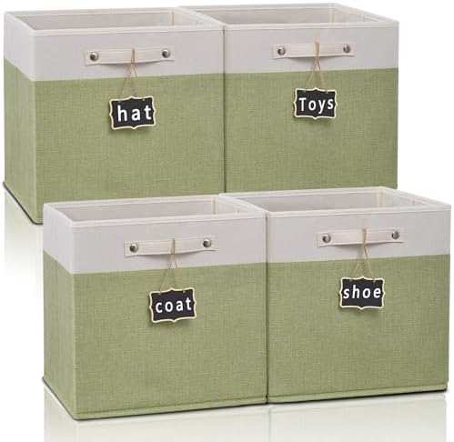 12 x 12 storage cubes,Collapsible Fabric Storage Cubes with Labels 4 Pack,Linen Cube Storage Organizer Bins with Cotton Handles for Home,Nursery,Clothes,Cabinet, Shelves and Closet(White green). by Storageexperts