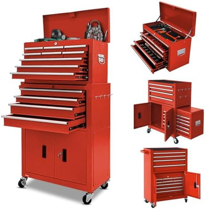 13-Drawer Rolling Tool Chest with Double Doors, 2 in 1 Detachable Rolling Tool Chests, Metal Standing Tool Cabinet with Lock, Large Toolbox for Garage Workshop, Gift for Christmas-Red by Unknown