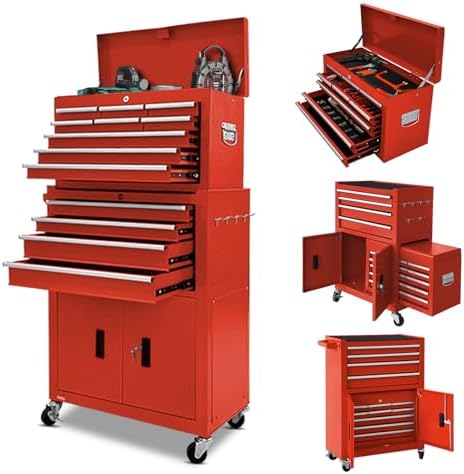 13-Drawer Rolling Tool Chest with Double Doors, 2 in 1 Detachable Rolling Tool Chests, Metal Standing Tool Cabinet with Lock, Large Toolbox for Garage Workshop, Gift for Christmas-Red by Unknown