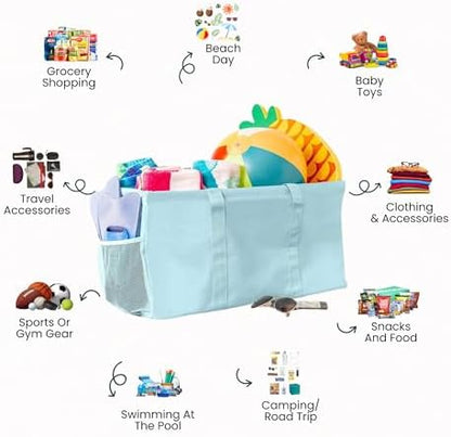 Extra Large Utility Tote Bag - Oversized Collapsible Reusable Wire Frame Rectangular Canvas Basket With Two Exterior Pockets For Beach, Pool, Laundry, Car Trunk, Storage - Light Blue - Image 3