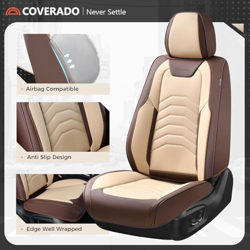 Coverado Seat Covers for Cars, 5 Seats Seat Covers Full Set, Faux Leather Seat Covers for Cars, Automotive Seat Covers Universal Car Seat Protector Seat Cushion Fit for Most Cars Trucks, Coffee&Beige - Image 4