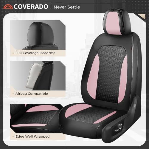 Coverado Car Seat Covers Full Set, Leather Seat Covers for Cars, Waterproof Car Seat Protectors, Front and Back Car Seat Cushions Automotive Seat Covers Universal Fit for Most Cars, Black&Pink - Image 2