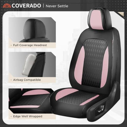 Coverado Car Seat Covers Full Set, Leather Seat Covers for Cars, Waterproof Car Seat Protectors, Front and Back Car Seat Cushions Automotive Seat Covers Universal Fit for Most Cars, Black&Pink - Image 2