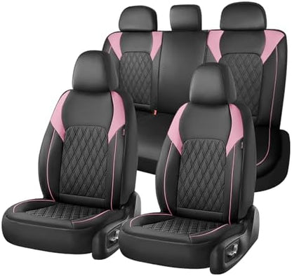 Coverado Seat Covers, Car Seat Covers Full Set, Car Seat Cover, Car Seat Covers Front Seats and Back, Waterproof Car Seat Cushion, Faux Leather Car Seat Protector Universal Fit Most Cars, Black&Pink by COVERADOAUTO