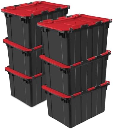 Sterilite 12 Gal Hinged Lid Industrial Tote, Stackable Storage Bin with Hinge Lid, Plastic Container to Organize Basement, Black with Red Lid, 6-Pack by Sterilite