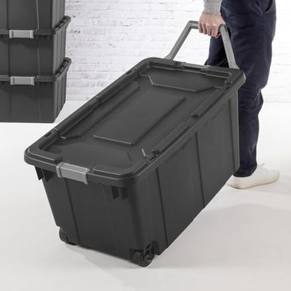 Sufeasdf Wheeled Industrial Tote 40 Gallon/151 Liter Black Lid & Base w/Racer Red Handle & Latches - Image 6