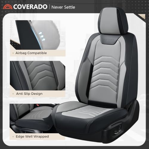 Coverado Front Seat Covers, Leather Car Seat Covers Luxury Automotive Seat Covers for Cars, Waterproof Car Seat Protectors Car Seat Cushion Universal Fit for Most Cars Trucks SUV Vehicles, Black&Gray - Image 2
