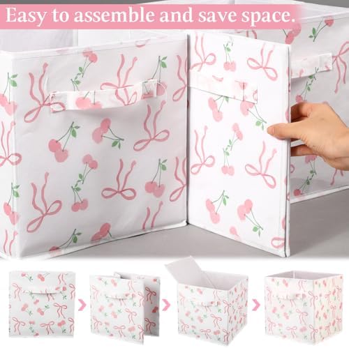 Geelin 6 Pcs Pink Bow Cherry Cube Storage Bins 11 in Basket with Handle - Image 3