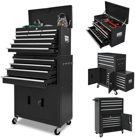 13-Drawer Rolling Tool Chest with Double doors, 2 in 1 Detachable Rolling Tool Chests, Metal Standing Tool Cabinet with lock, Large Toolbox for Garage Workshop-Black by Unknown