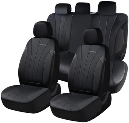 Coverado Automotive Front and Rear Seat Covers, Car Seat Covers Full Set, Leather Car Seat Covers Full Set 5 Seats, Airbag-Compatible, Spill-Proof Design, Black Seat Covers for SUV Sedan Truck by COVERADOAUTO