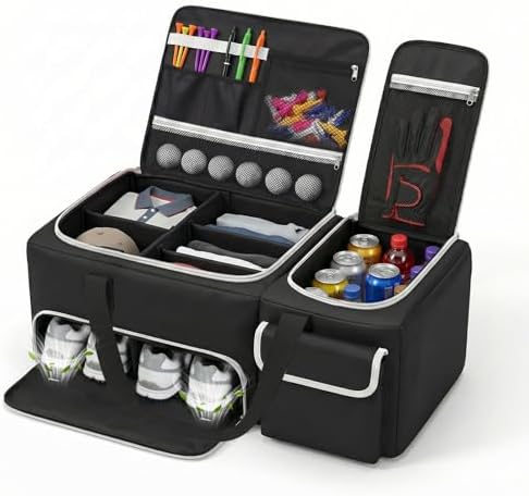 Golf Trunk Organizer, 2-Layer Car Trunk Locker with Ventilated Shoe Compartment for 2 Pairs, Adjustable Dividers, Multi-Pocket Storage for Balls Tees Gloves Towels by Unknown