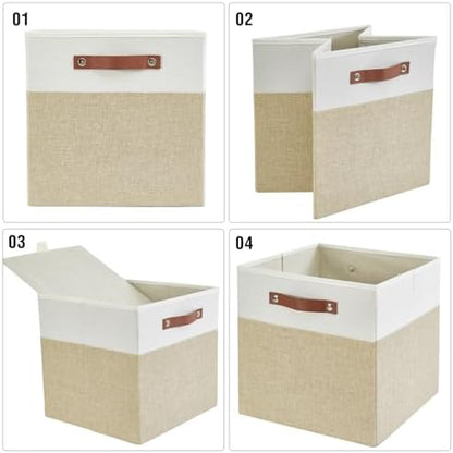 Bagnizer 13x15x13 Storage Cube Bins, Foldable Storage Organizer Baskets, Fabric Cube Storage Boxes with 2 Reinforced PU Handles for Kallax, Shelves, Living Room | 4 Pack, Beige & White - Image 6