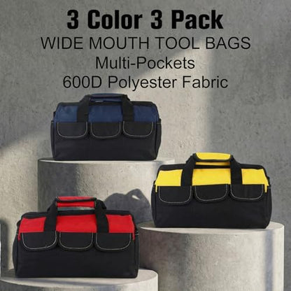 Sanwuta 3 Pack 16 Inch Tool Bags, Side Pockets, Blue, Red, Yellow - Image 2