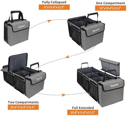 Collapsible Trunk Organizer with Insulated Leakproof Cooler Bag,Removable Lid,Adjustable Securing Straps,3 Compartments Trunk Organizer for SUV,Truck,Sedan(Light Grey) - Image 5
