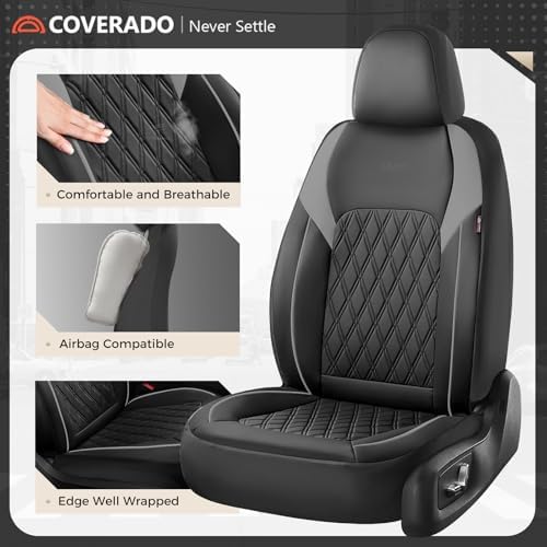 Coverado Car Seat Covers Full Set, Automotive Seat Covers for Cars, Leather Seat Covers, Car Seat Covers Front Seats Back, Car Seat Protector Car Seat Cushion Universal Fit Most Cars Trucks Black&Grey - Image 3